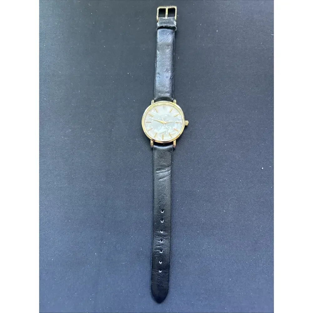 Gold Tone Pearlized Dial Black Band Women’s Quartz Watch